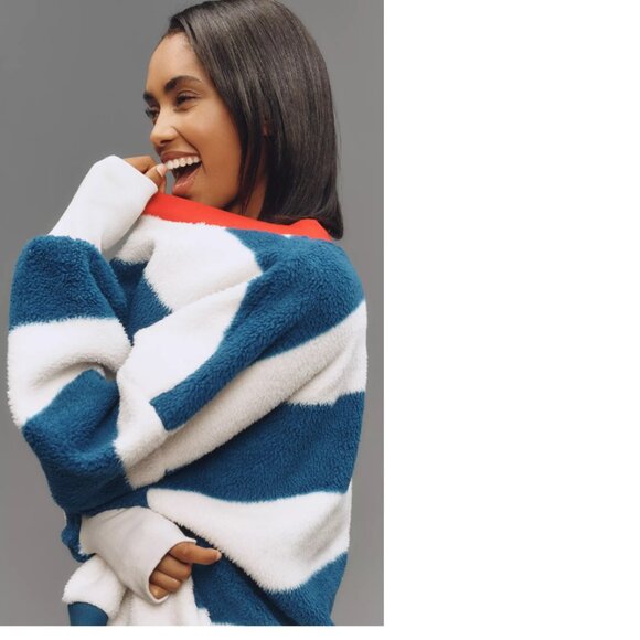 Anthropologie Maeve Cotton Sherpa Fleece Stripe Sweater SIZE M new nwt - Picture 2 of 4